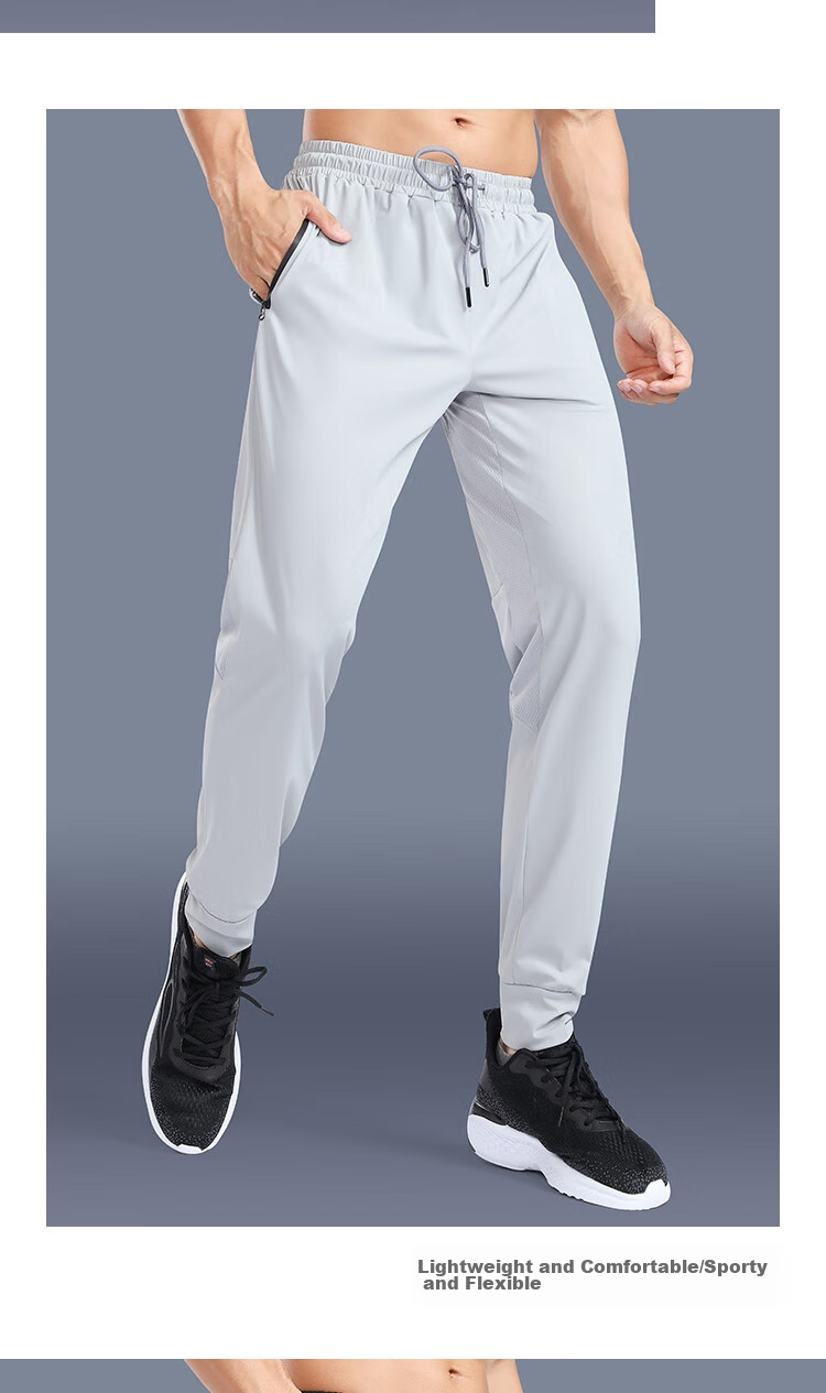 FANDIMU Men's Sports Pants, Summer Ice Silk Lightweight Breathable Joggers, Casual Versatile Zipper Pocket Long Pants, Gray, 2XL 10