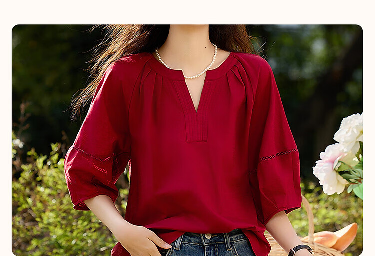 Demana Little Rose Summer V-Neck Cotton Linen Blend Shirt with Puff Sleeves and Side Slits Women's Top 4
