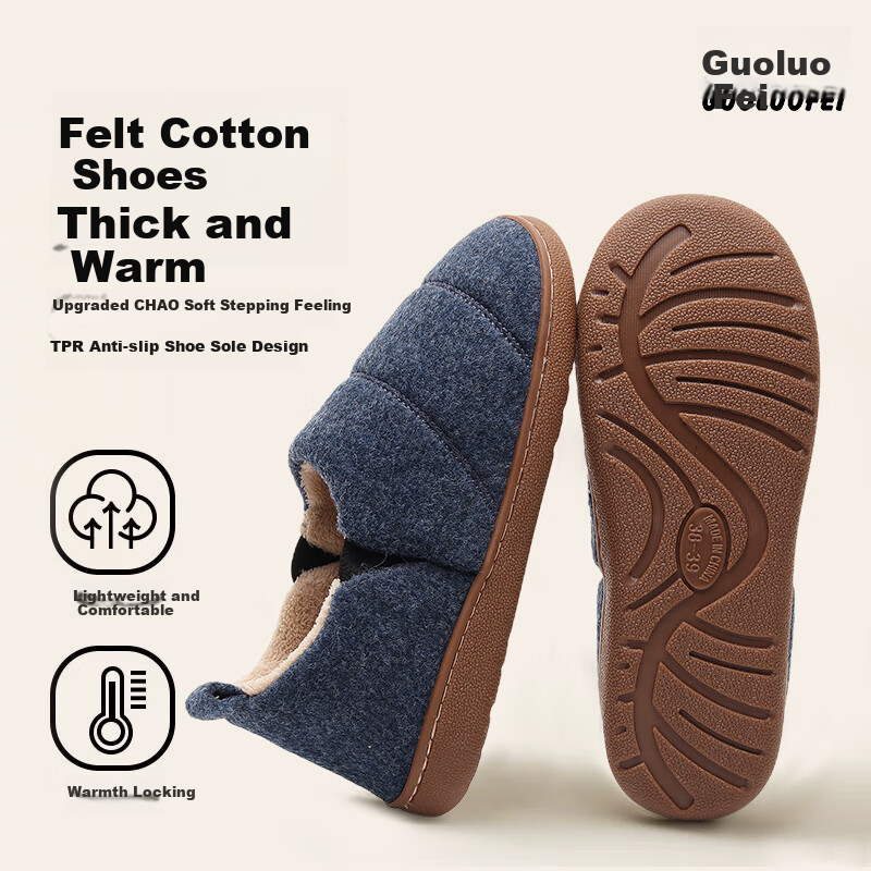 GUOLUOFEI Felt Cotton Slippers, Non-Slip Heel, Men's Autumn Home Wear, Thickened Warm Elderly Cotton Shoes for Women, Navy Blue, Size 40-41