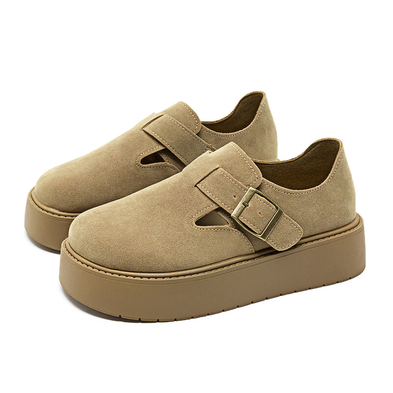 Westlink Bokken Women's Shoes, 2024 New Autumn Versatile Slip-On Retro Flats, Height-Increasing Thick-Soled Shoes, Khaki Color, Size 39