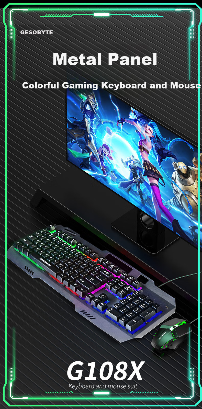 GESOBYTE G108X Mechanical Feel Keyboard And Mouse Combo Wired Keyboard And Mouse Set Gaming Office Home Computer Keyboard PUBG Set Metal Panel Black 1