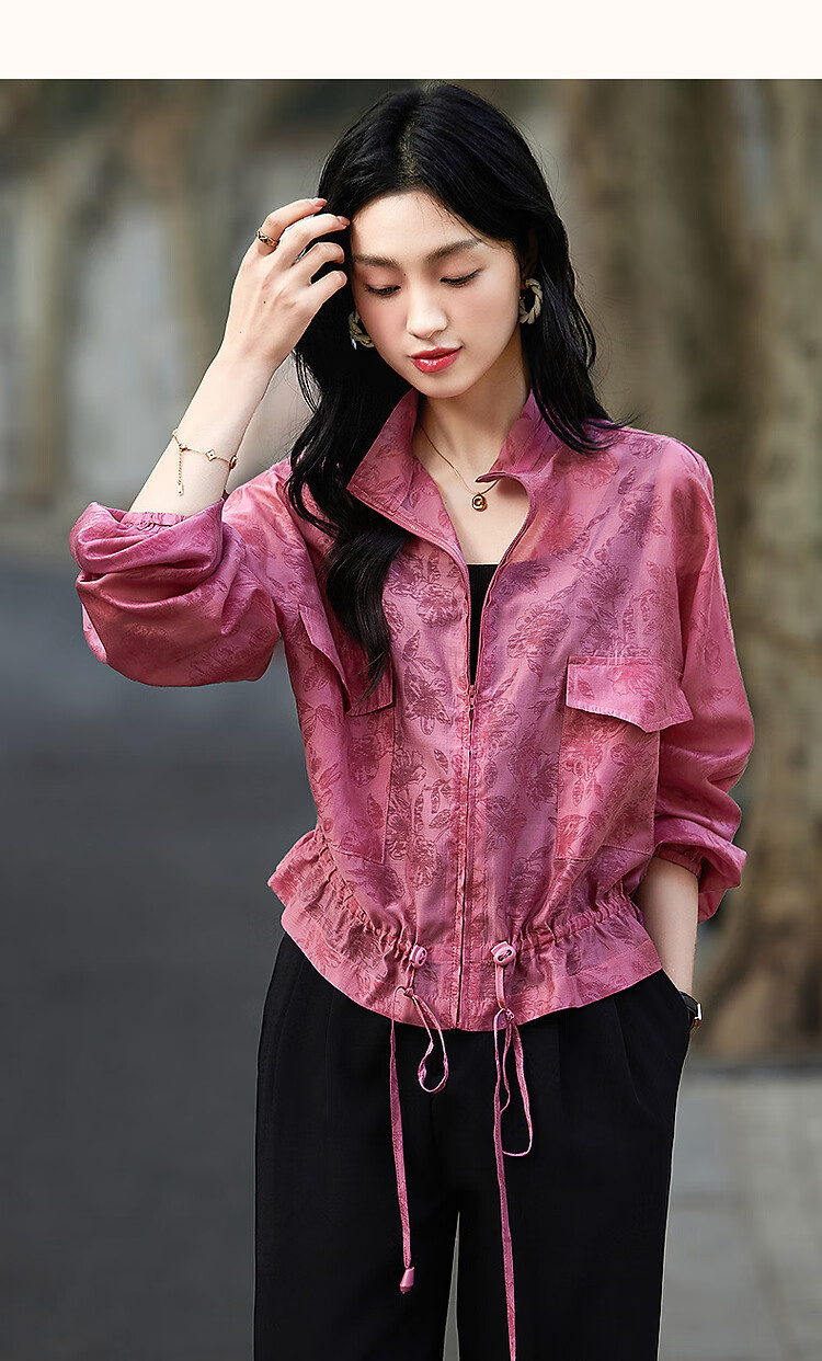 Dme [Elegant Gradient Print] Spring Lightweight Lyocell Drawstring Large Patch Pocket Elastic Cuff Sports Women's Jacket 9