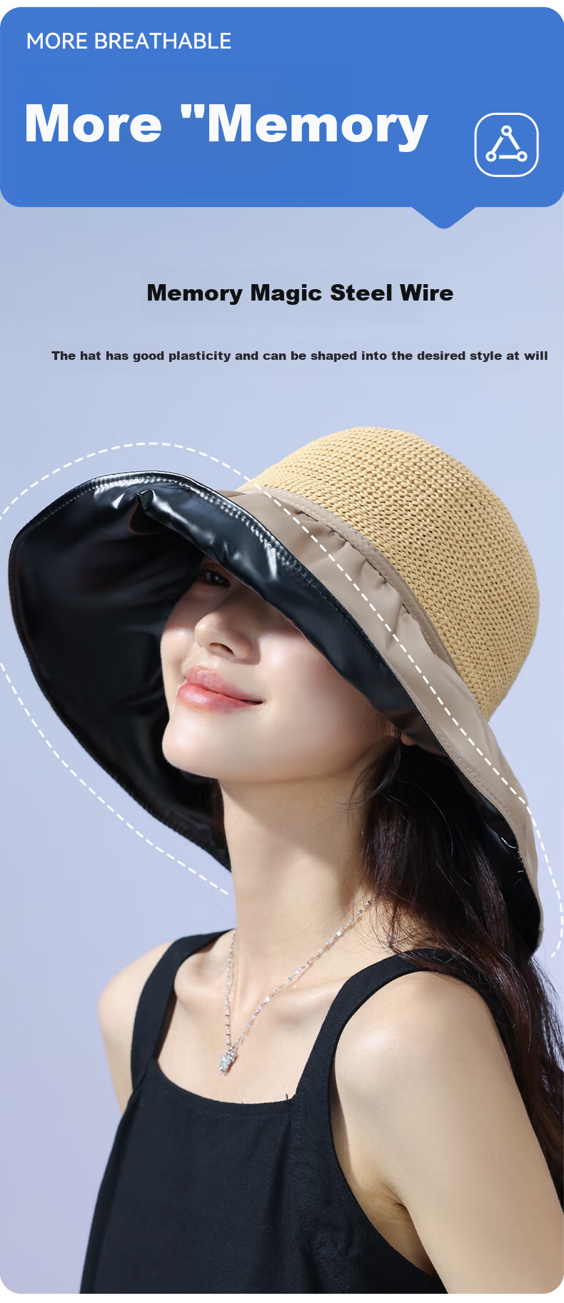 FitonTon Women's Wide Brim Sun Hat, UV Protection Black Gel Visor Cap, Summer Outdoor Versatile Straw Hat 6