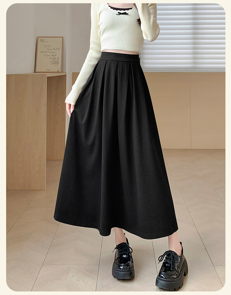 LangSha Women's Woolen Feel Skirt 2026 Spring Autumn High Waist Loose Slim A-Line Mid-Length Skirt 18