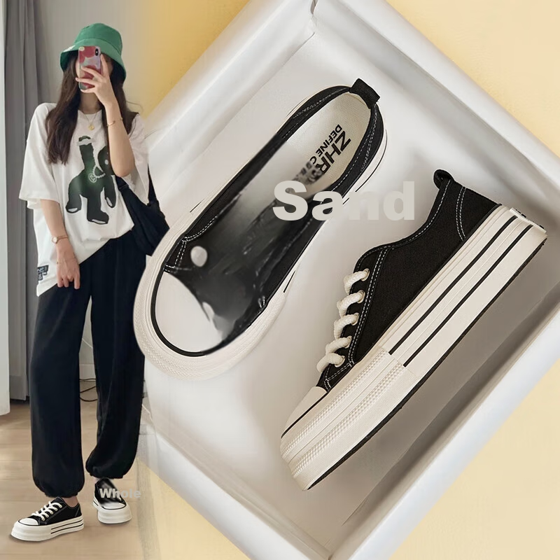 ZHR Canvas Shoes for Women, Round Toe Lace-Up Thick-Soled Women's Shoes, Simple Versatile Casual Shoes, CS33 Black, Size 37