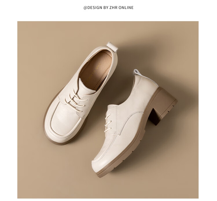 ZHR ZEZHE First Layer Cowhide Women's Commuter Thick Heel Lace-up Work Professional Loafers KM07 Beige Size 37 16