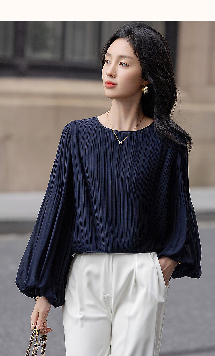 Dme [Gentle Daily] Spring Cream-Colored Textured Chiffon Blouse with Lantern Sleeves, Ladylike Shirt Women's Top 14