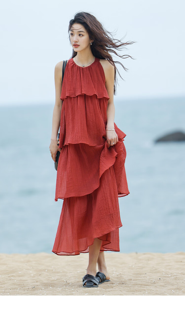 Dme [Heavy Workmanship Layered Spaghetti Strap Dress], Summer Vacation Style, Retro Brick Red, Elegant Cake Skirt 18