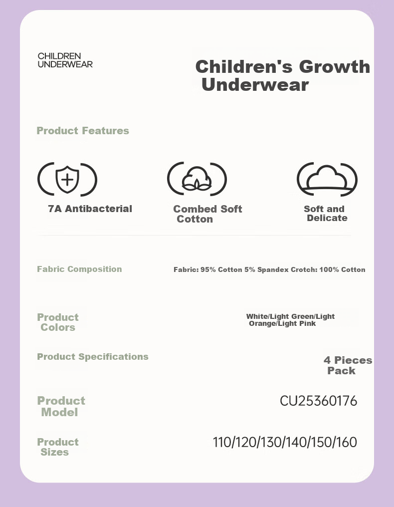 FENTENGCARE Children's Underwear, Class A Baby Cotton, 10A Antibacterial, 4 Pairs of Pure Cotton Crotch Cartoon Underwear, Girls' Underwear 2
