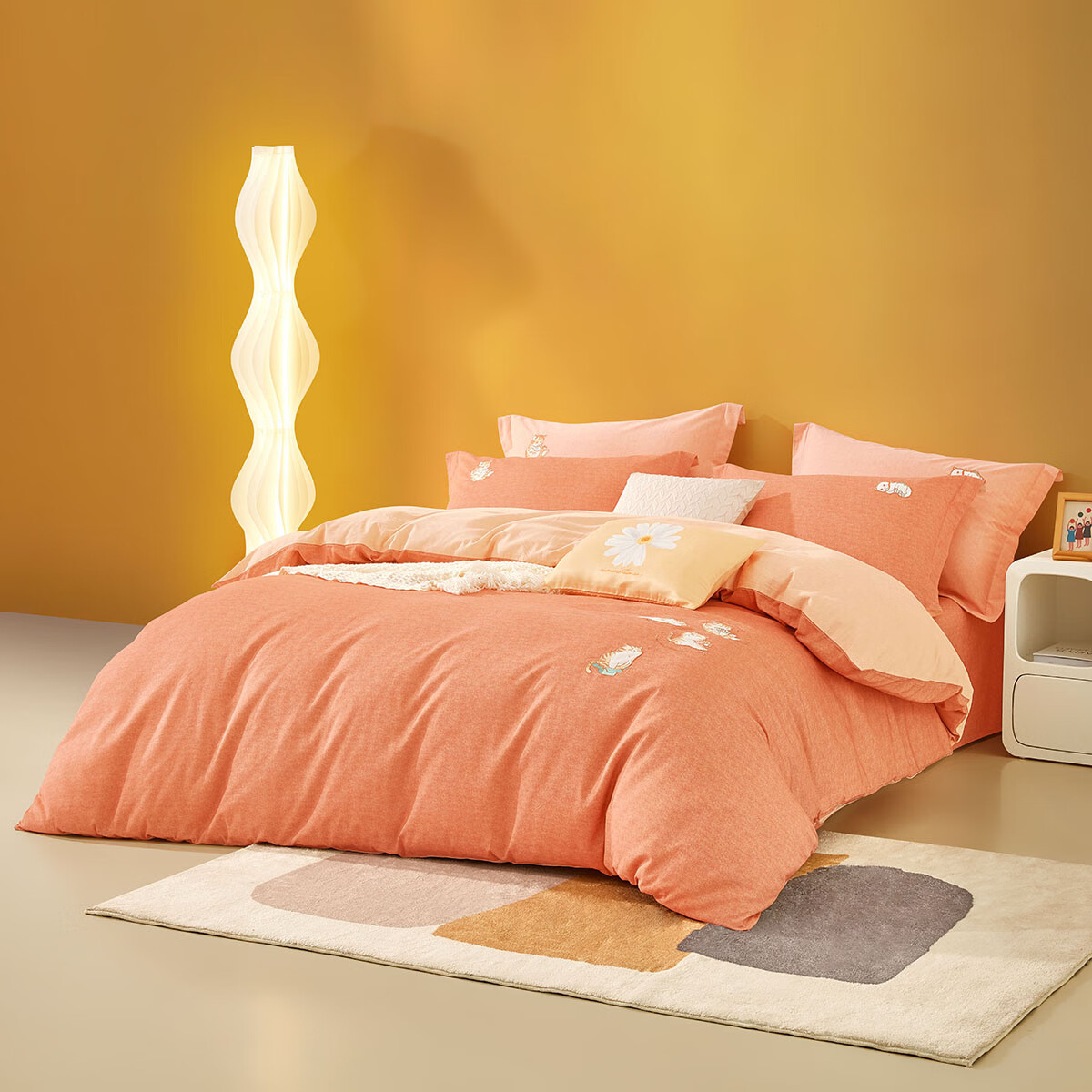LUOLAI Home Textiles, Pure Cotton Brushed Four-Piece Bedding Set with Fitted Sheet Style, Winter Warm Duvet Cover And Bed Sheet, Orange, 220*250