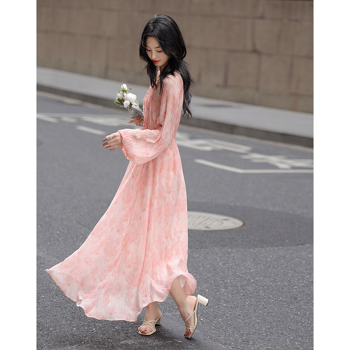 Dme [French-Style Muse] Spring Lightweight Wrinkle-Resistant Chiffon Floral Fairy Dress, Waist-Cinching Ruffle Trim Women's Dress