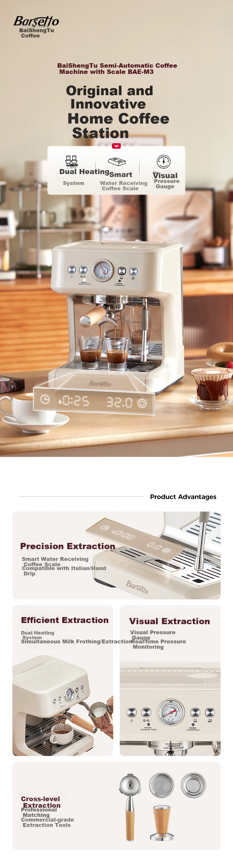 Barsetto [Mid-Autumn Festival Gift] Baishengtu Coffee Machine, Small Italian Semi-Automatic Home Use, Dual Heating Dual Pump, Bean Grinding All-In Espresso Extraction, Detachable Machine, BAE-M3 Black Set 1