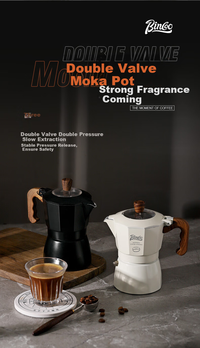 Bincoo Dual-Valve Moka Pot, Multi-Serving Household Small Espresso Maker, Italian Coffee Machine, Coffee Brewing Equipment 1