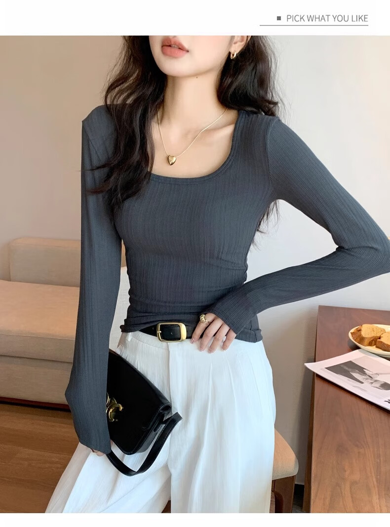 Yuzhaolin Women's Basic Long Sleeve T-Shirt Thin Large U-Neck Slim Fit Simple Versatile Top for Spring and Autumn 12
