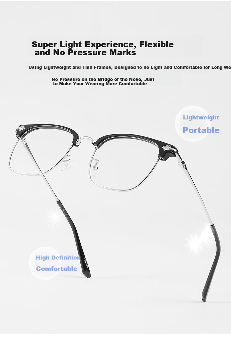 VEGOOS Myopia Glasses for Tech-Savvy Men, Ultra-Light Semi-Rimless Anti-Blue Light Radiation Flat Lens Glasses for Women, Elegant Brow-Shaped Shape, Prescription Available 5262 3