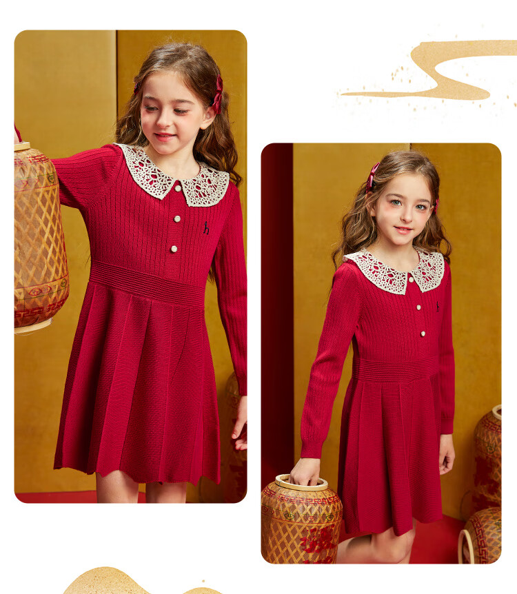 HAZZYS Brand Girls' Dress, Winter New Style, New Year Red Elastic Long-Sleeve Dress, Monet Purple, Size 105 4