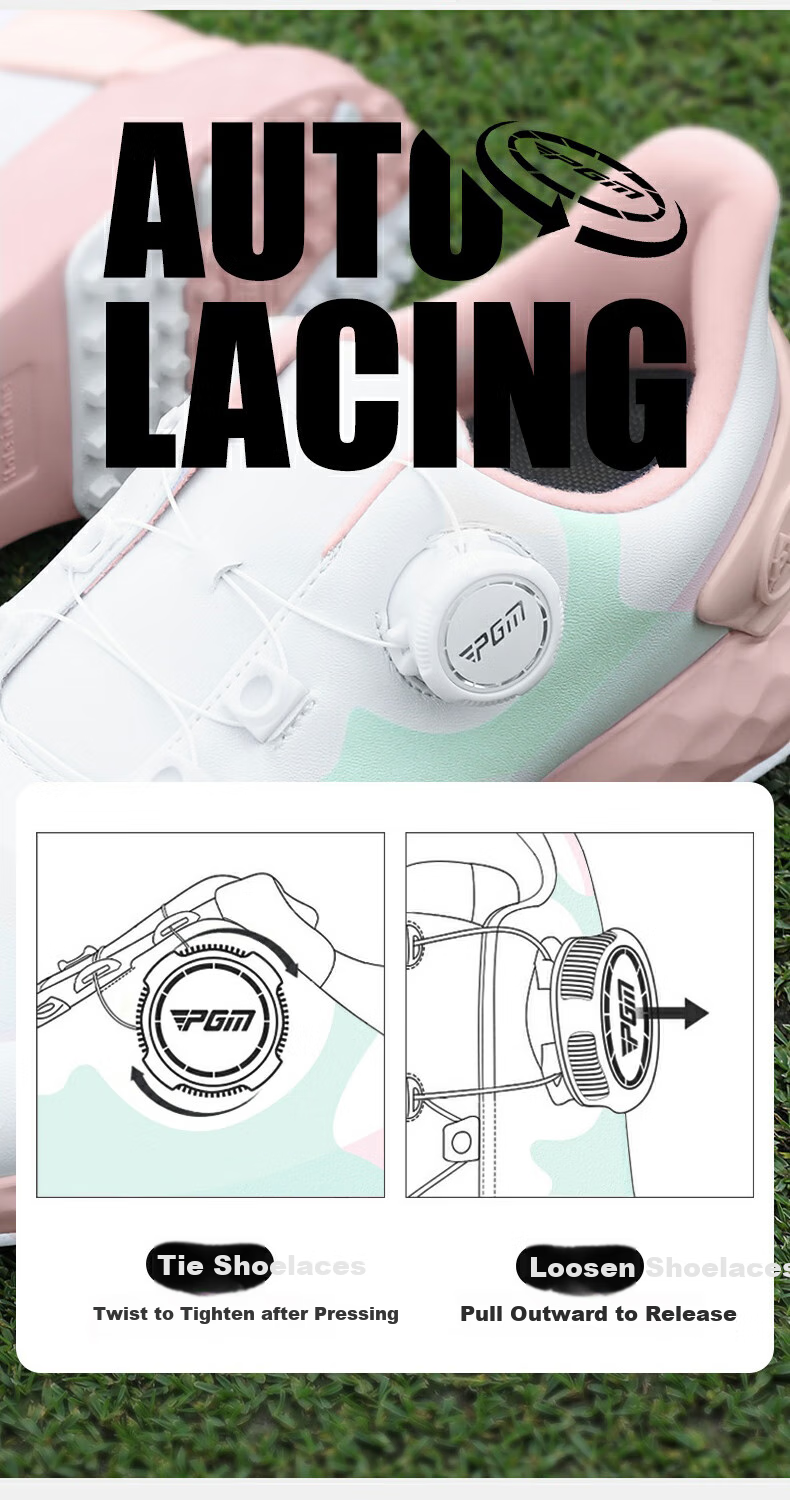 PGM Women's Waterproof Golf Shoes with Rotary Laces, Non-Slip Sneakers, Golf Cleats, White And Pink, Size 38 8