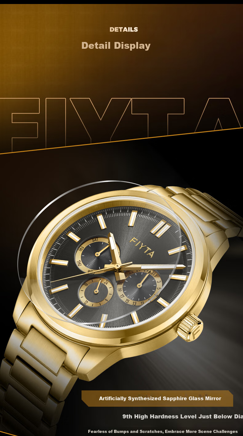 FIYTA Zhuoya Series CITY+ Light Business Multifunctional Men's Watch Black Dial Steel Strap 11