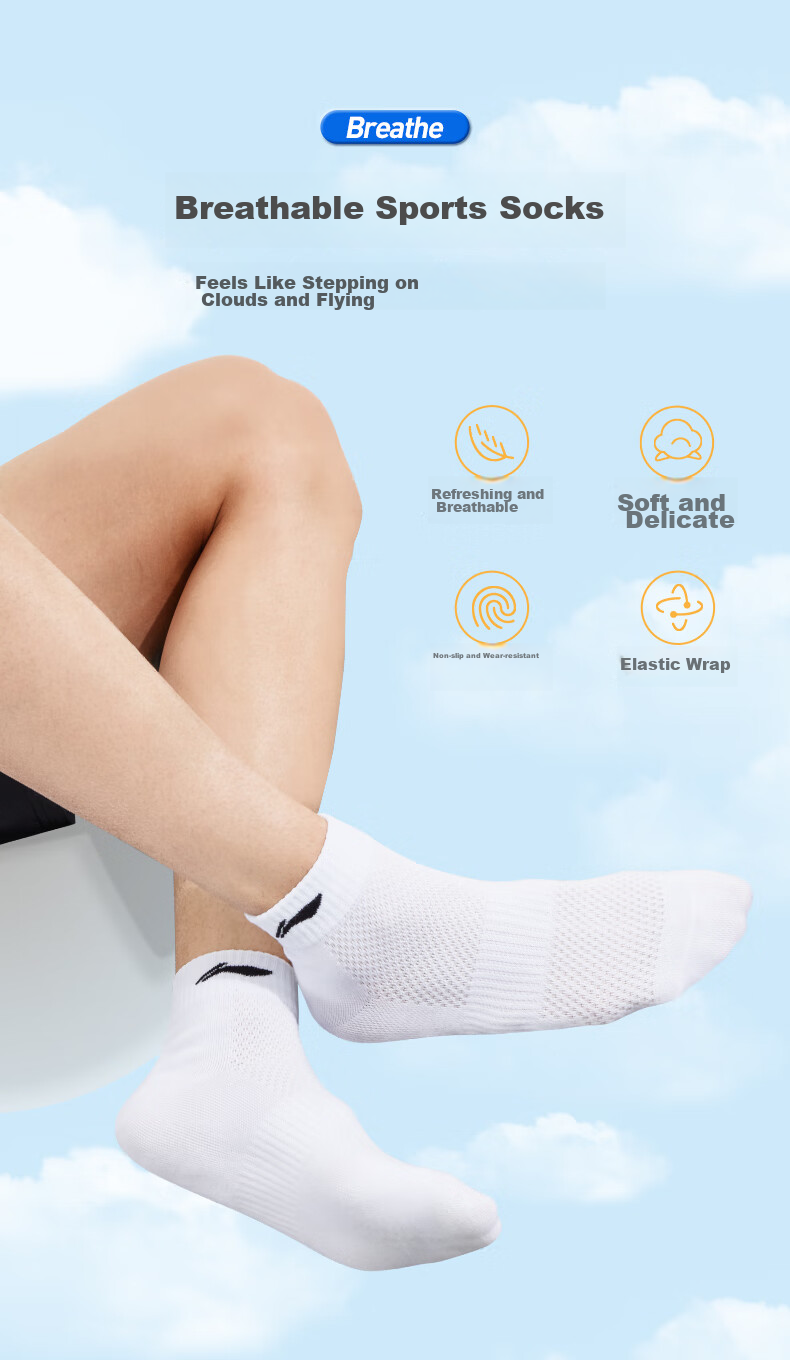 Li-Ning Socks for Men And Women (3 Pairs), Cotton Socks for All Seasons, Sweat-Absorbing, Running, Antibacterial, Breathable White Lifestyle Socks 2