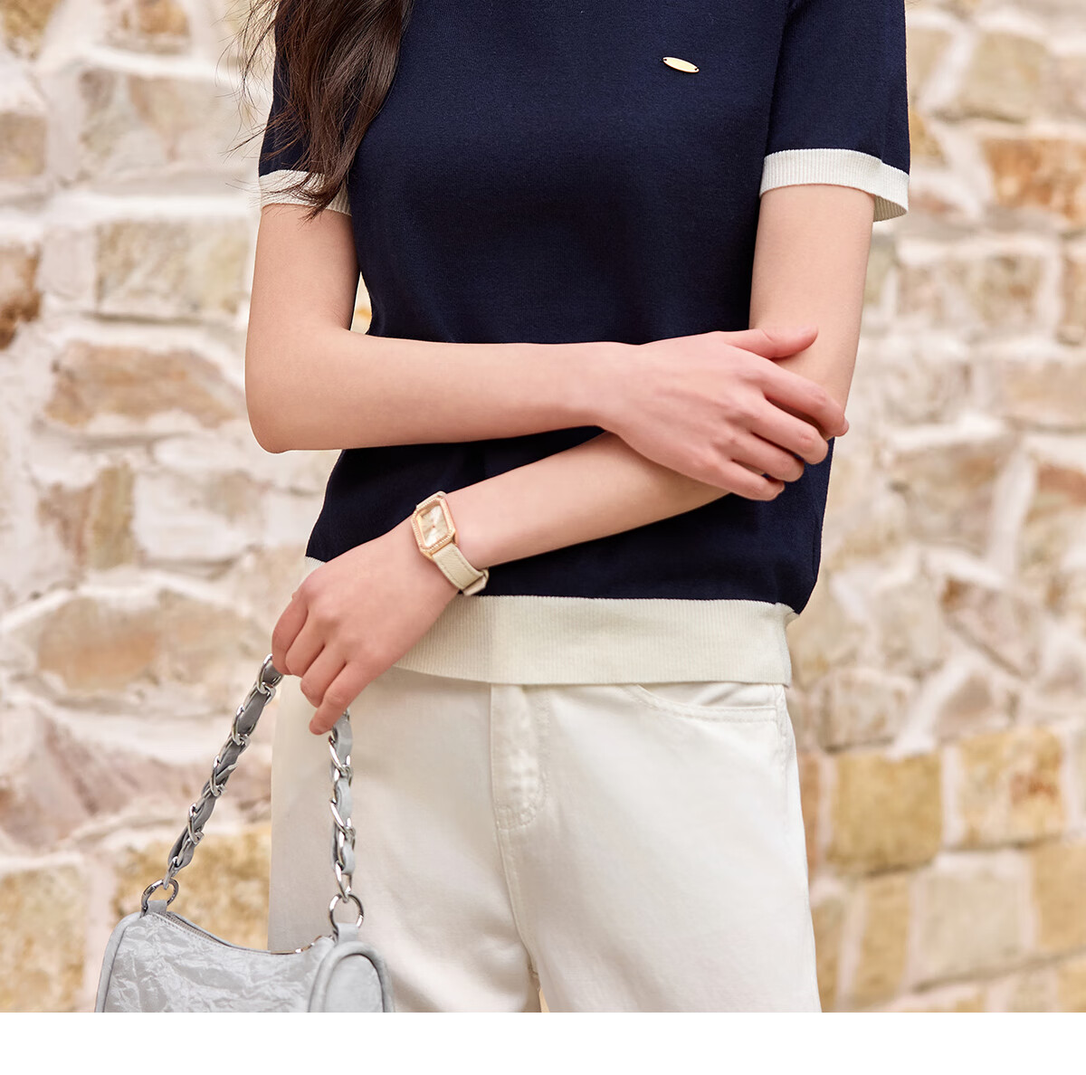 Chushen Summer Short-Sleeve T-Shirt for Women, Fashionable Round Neck Classic Contrasting Color Versatile Commuter Casual Knitted T-Shirt S52Z008 6