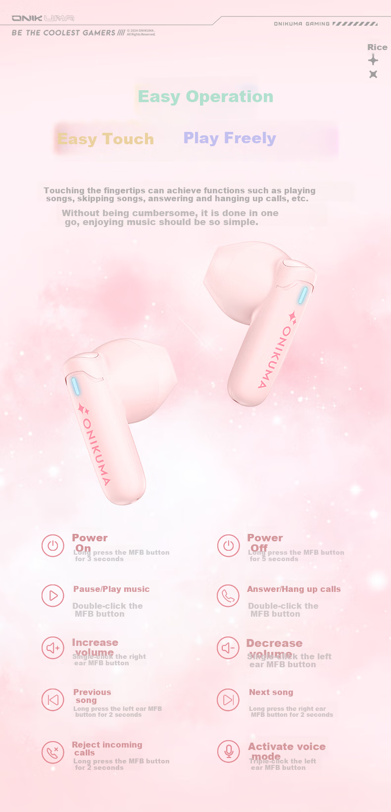 ONIKUMA True Wireless Bluetooth Earphones, Semi In-Ear Style, Cute for Women, Music, Sports And Gaming Headphones, Noise Reduction, Low Latency, Long Battery Life, Suitable for Apple And Huawei, Birthday Gift for Girlfriend 16