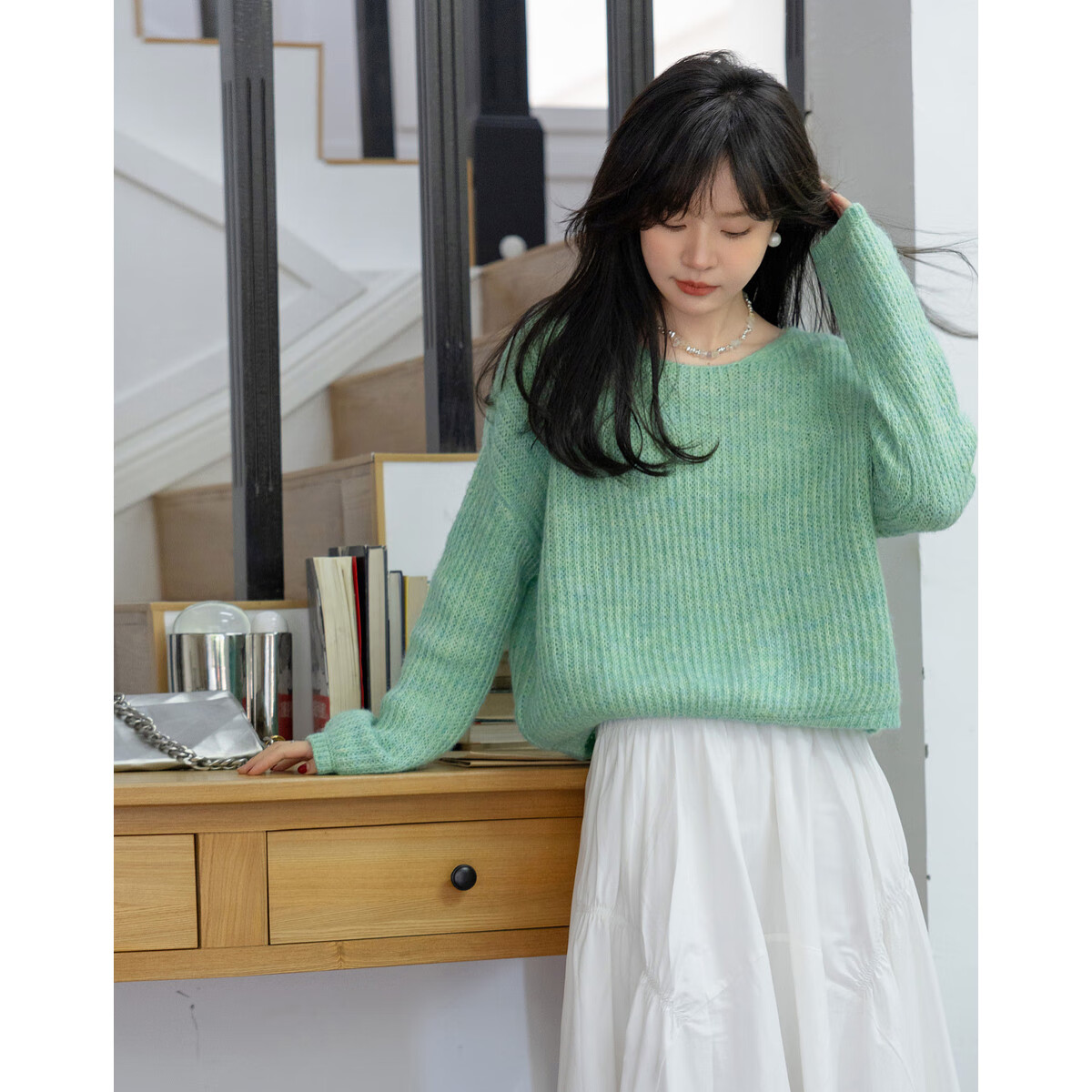 Mt [Containing Wool] Spring Mint Mambo Yarn Sweater, High-Elasticity, Concealing, Petite Women's Knit Top