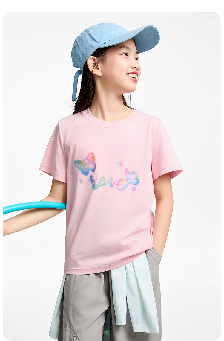 Annil Girls' Round Neck Short-Sleeve T-Shirt, New Summer 2025 Style, Cherry Blossom Pink, Size 120 12