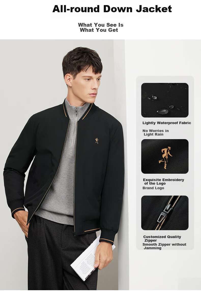 DANCING WOLVES [90% Duck Down + Graphene Lining] Windproof Baseball Jacket Casual Men's Outerwear, 001 Black, Size 165 2