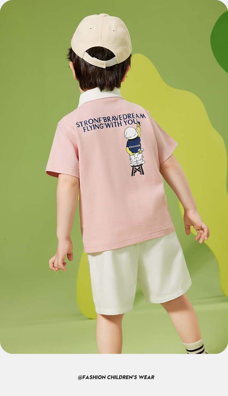 ASK JUNIOR Boys' Summer Thin Set, Cartoon POLO Shirt And Shorts Two-Piece Sportswear for Young Children, Pink, Size 90 7