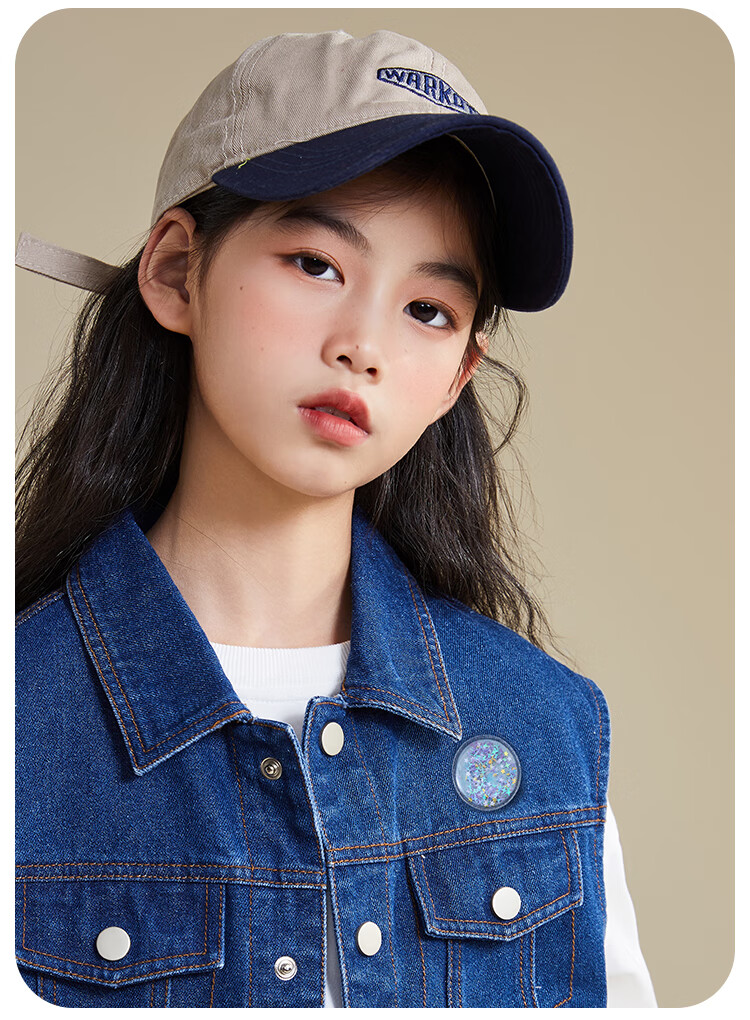 QQ DUCK Children's Denim Vest Girls' Sleeveless Jacket Youth Clothing Classic Vest Navy Blue; 165 7