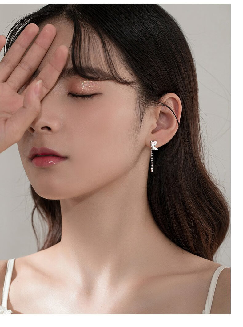 Dijing 999 Sterling Silver Long Earrings with Tassel Butterfly Studs, Birthday Gift for Women, Fashionable Ear Jewelry for Girlfriend 3