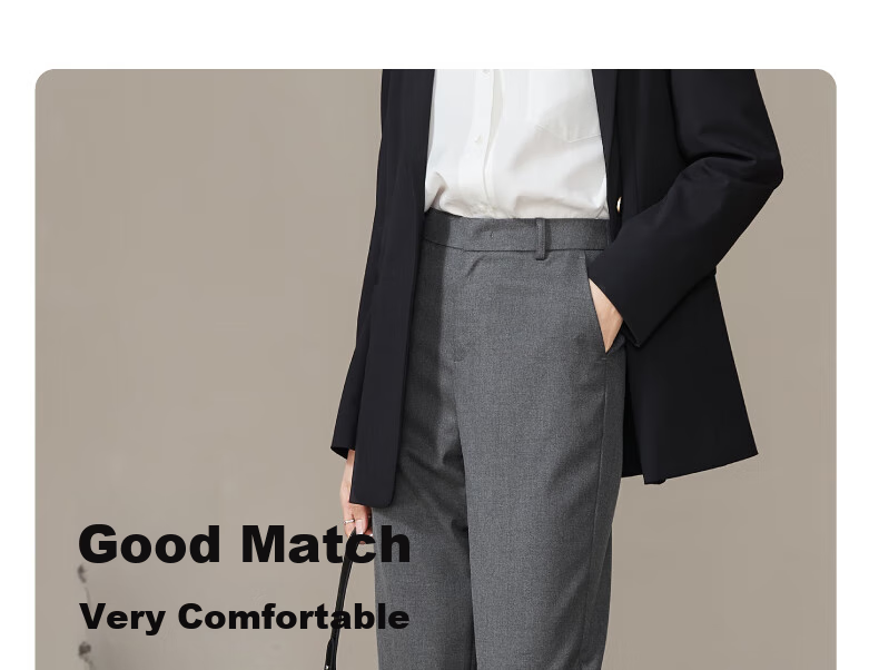 ESE-Y Spring New Nine-Point Gray Casual Pants for Women, TR Color-Spun High-Waist Cigarette Version Straight-Leg Trousers, Black, Size 27 8