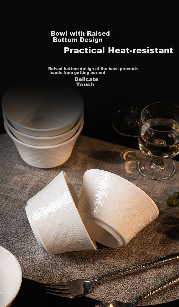 JD Original Rice Bowl, Housewarming Ceramic Tableware Set, Embossed Fen Dan Bai Lu, Bowls 4.5 Inches * 6 3