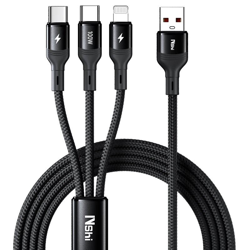 Nengshi Three-In Charging Cable, Type-C Data Cable, 100W, Suitable for IPhone 17/16, Huawei Honor/Xiaomi, Car-Mounted C to 2C, One-To Fast Charging Cable, 1.5 Meters