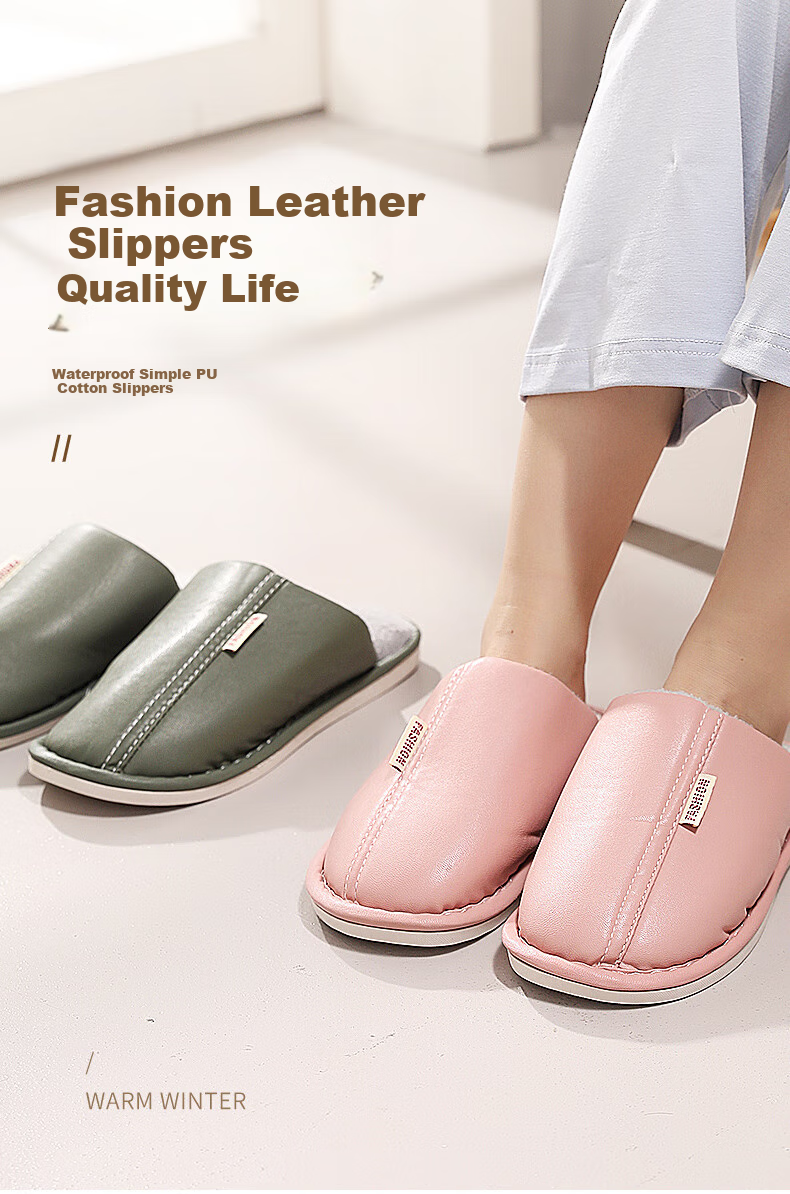 FOOTOPPO PU Leather Slippers for Men, Cotton Slippers for Winter, Thick-Soled Non-Slip Warm Furry Slippers, Soft-Soled Men's Home Shoes, Waterproof Cotton Slippers for Wome 1
