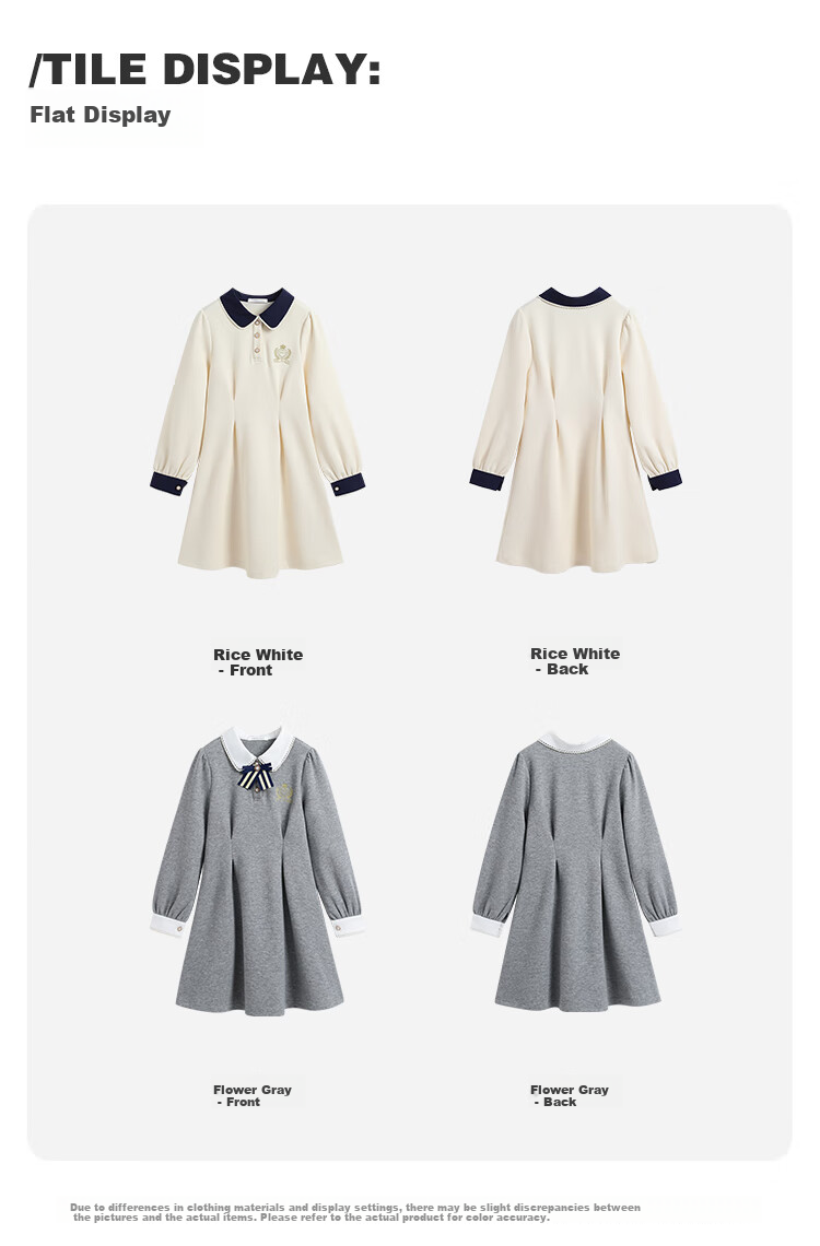 YEEHOO Girls' Dress, Children's Princess Dress, Big Kids' Dress, Preppy Style Long-Sleeve Dress, Autumn, Off-White, Size 165 11