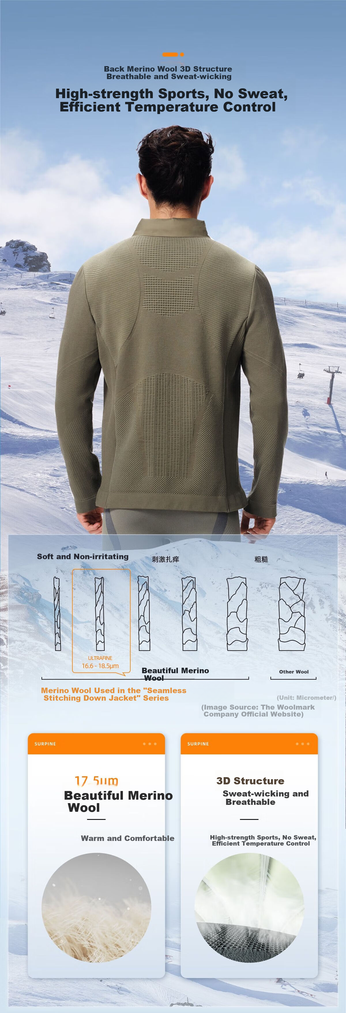SURPINE Merino Wool Ski Down Jacket Inner Liner, Warm Outdoor Men's Autumn Winter Coat 3