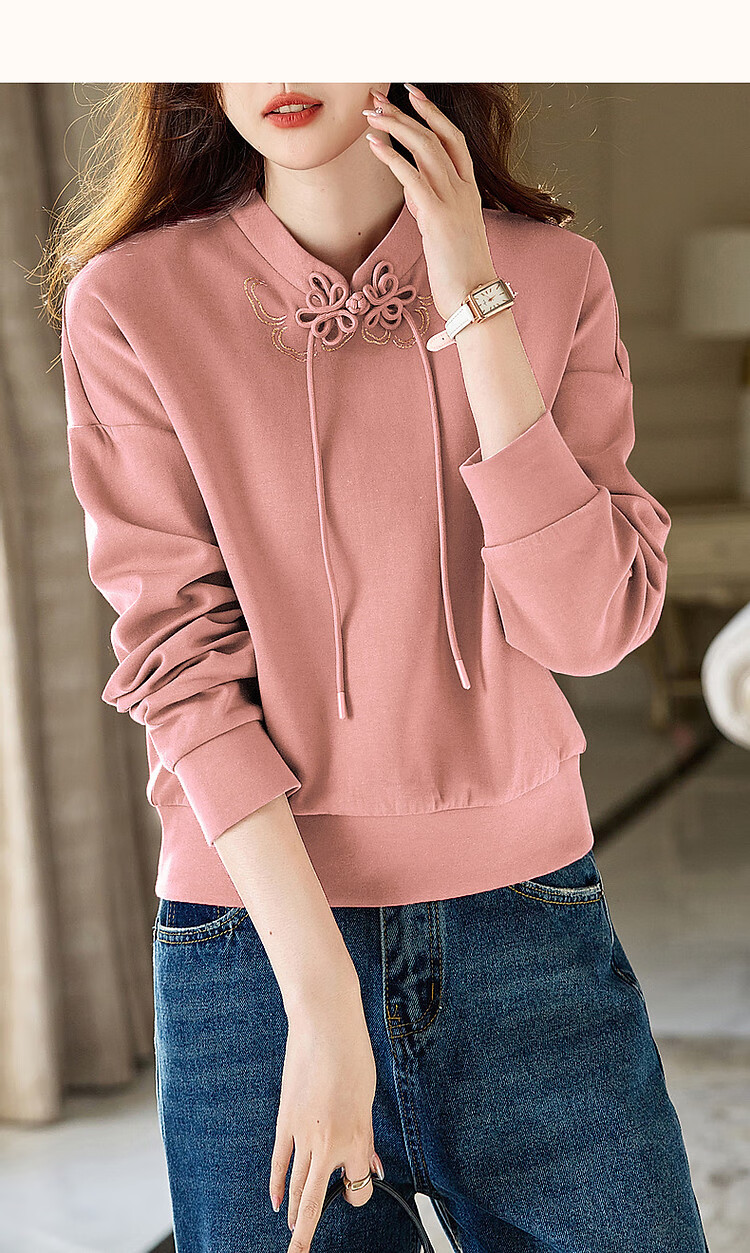 Dme [National Style New Chinese] Spring And Autumn Retro Stand Collar Exquisite Iron-On Disc Button Comfortable Air Layer Sweatshirt Women's Top 24