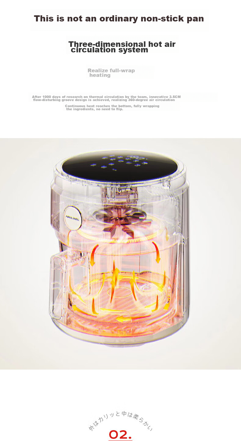 APIXINTL Japanese Air Fryer for Home Use, 4L Large Capacity, No-Flip Design, Steam Tender Frying, Panoramic View, All-Glass Basket Integrated Machine APIX-AFD12 9