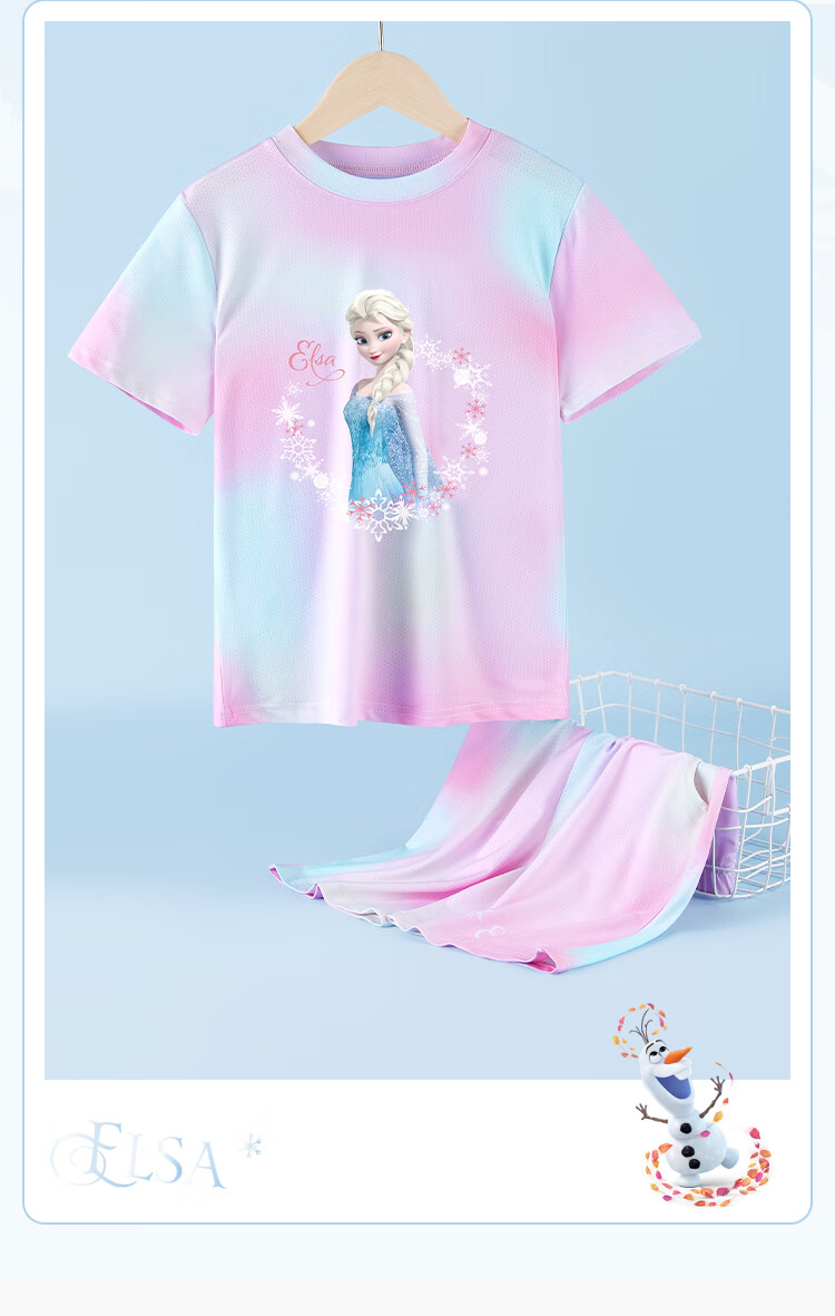 Disney Children's Quick-Dry Clothing Set, Elsa Princess Short-Sleeve T-Shirt for Girls, Summer Set FL164004-3, Orange-Pink, Size 140 2