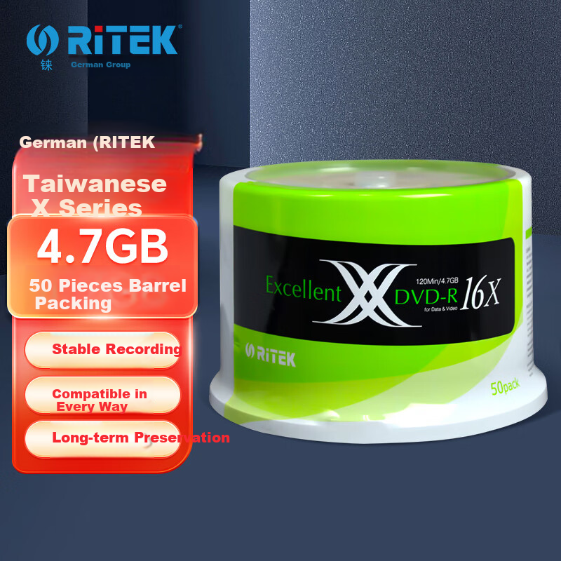 RITEk Taiwan-Made X Series DVD-R 16x 4.7GB Blank Discs/Records/CDs in Bulk, 50 Pieces
