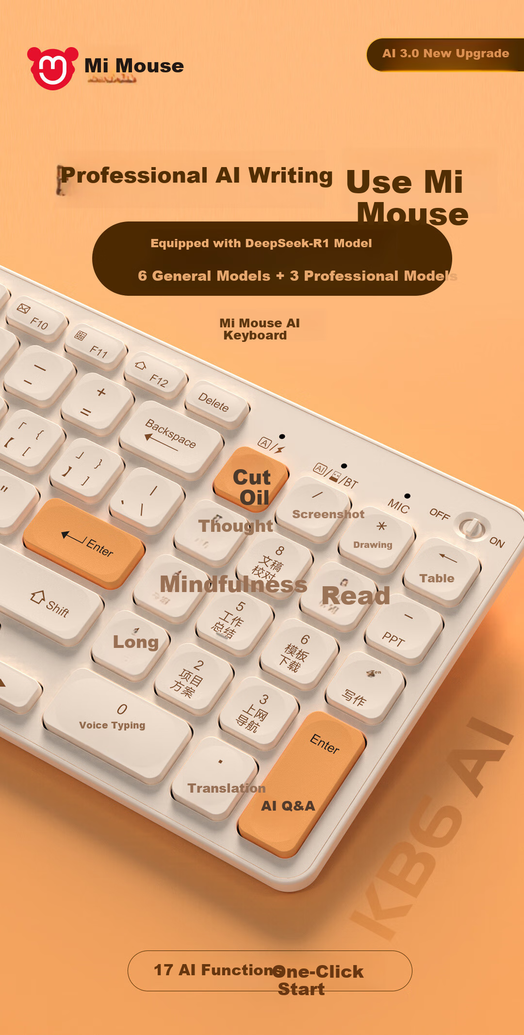 Mimouse KB6AI Keyboard Smart AI Keyboard Supports AI Video Drawing Meeting Recording PPT Writing Wireless Bluetooth Voice Office Keyboard Sunset Orange 1