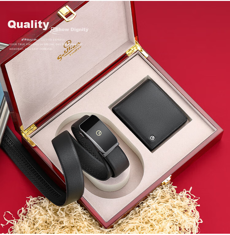 Goldlion Leather Belt Wallet, Exquisite Wooden Gift Box, Automatic Buckle Waistband, Fashionable Wallet, Birthday Gift for Gifting 2