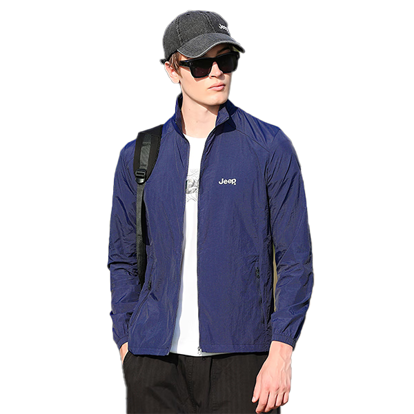 JEEP [Lightweight Sun Protection] Summer Breathable Skin Coat, Outdoor Casual Stand-Collar Sports Jacket for Men, Navy Blue, 2XL
