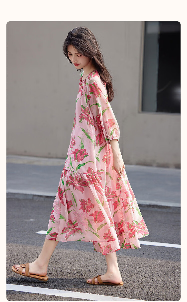 Dme [Go to The Beach for Vacation], Summer French-Style Lantern Sleeve, Large Print Tie, Chiffon Midi Dress for Wome 2