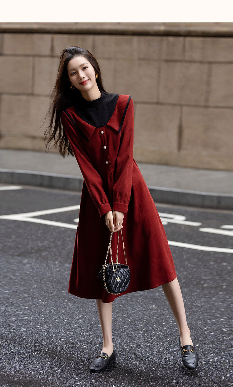DME "Balman Rose" Spring and Autumn Design Commuter Half High Neck Petite Pearl Button Waist Slimming Women's Dress 12