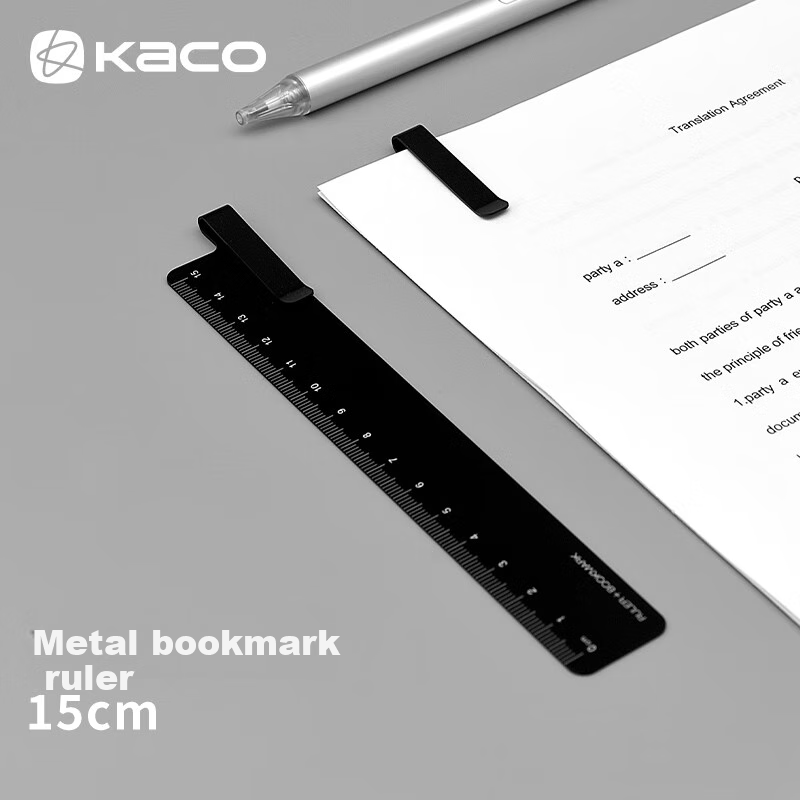 KACO Metal Bookmark Ruler, 15cm Multifunctional Straight Ruler, Office Supplies, Measuring And Drawing Ruler, Black, 1 Piece/bag, K1406, Stylish Design, Precise Scale, Rounded Edges, Back-To Seaso