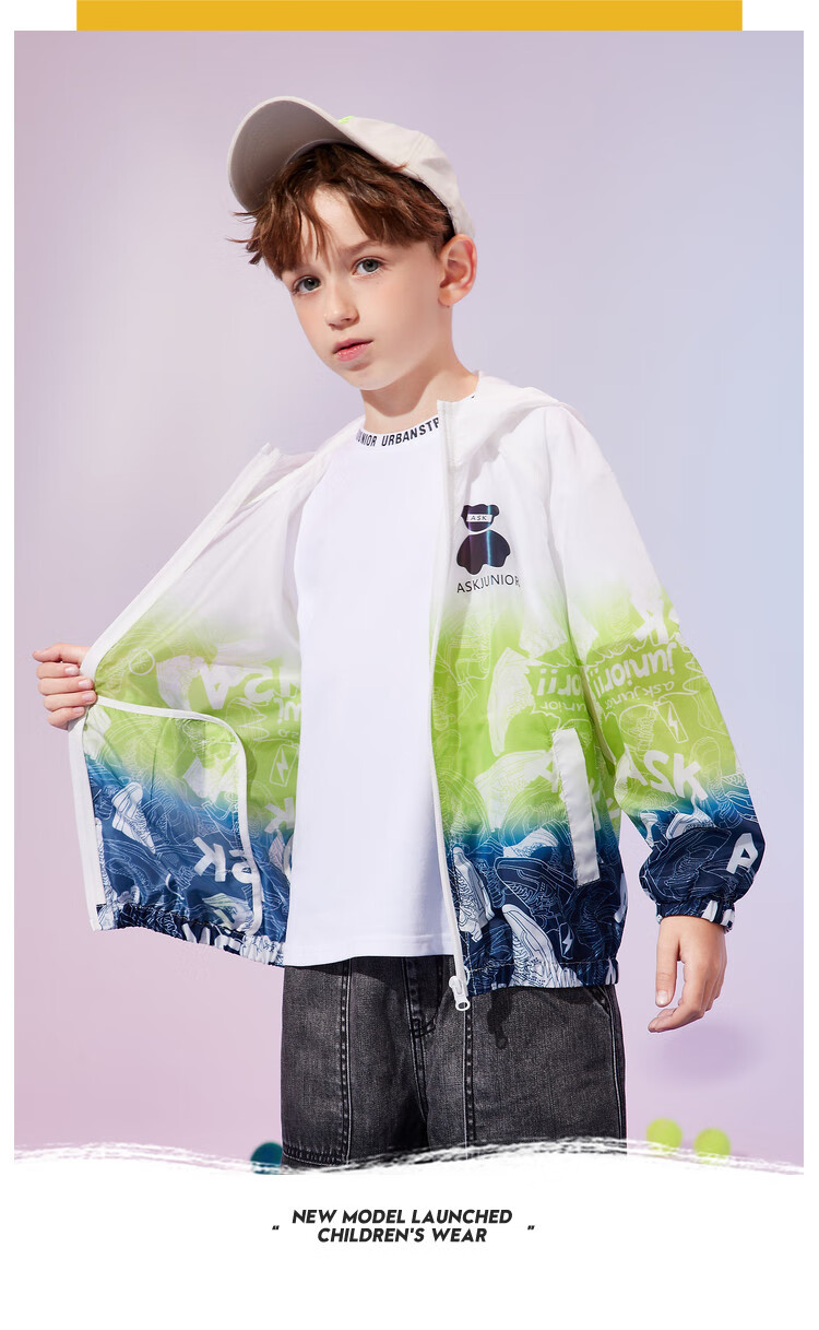 ASK JUNIOR Boys' Summer Air-Conditioned Jacket Skin Coat Colorblock Hooded Sports Windbreaker Light Blue 160 9