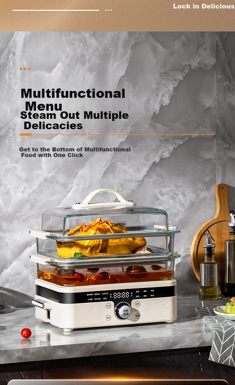 CAPOSI German [0 Coating] Glass Electric Steamer Pot with Stewing And Cooking Functions, 2 Layers, Multifunctional Pot for Home Use, Large Capacity for 3-4 People, Three-Layer Detachable Steam Cooker 11