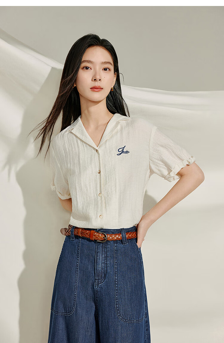 INMAN Summer 2026 Women's Blue Short Sleeve Linen Wrinkle Texture Shirt Light Blue XL 16